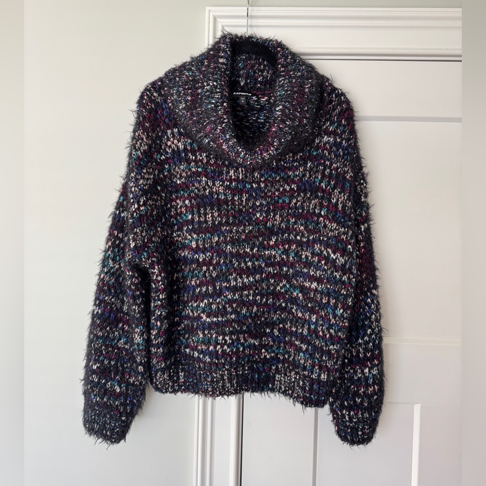 Express Multicolor Fuzzy Cowl Neck Sweater